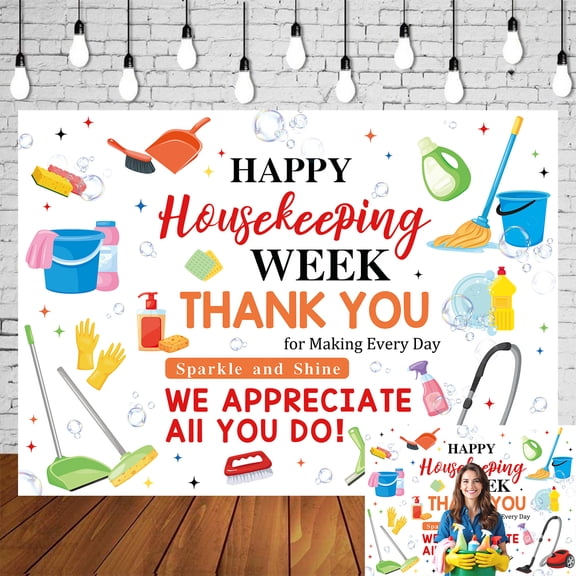 7x5FT Happy Housekeeping Week Backdrop Banner Thank You for All You Do Photography Background for Housekeeping Appreciation Week Party Decoration Photo Booth Props Vinyl