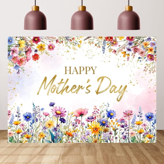 7x5FT Happy Mother's Day Backdrop Floral Golden Dots Photography Background for Woman Wildflowers Love Mom Mothers Day Party Decorations Supplies Cake Table Banner Photo Booth Props