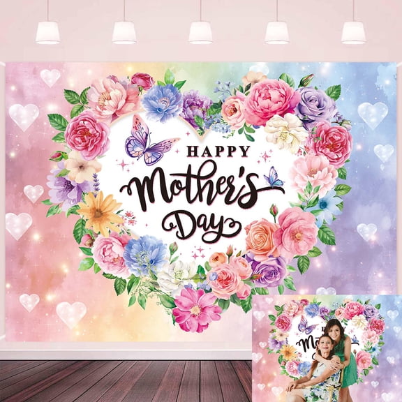 7x5FT Happy Mother's Day Backdrop Happy Mother's Day Banner Love You Mom Backdrop Flower Butterfly Mother's Day Background Best Mom Party Photo Decorations Vinyl