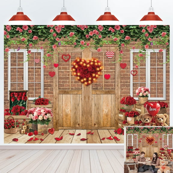 7x5FT Happy Valentine's Day Backdrop Valentines Backdrop Love Heart Red Rose Brick Wall Wood Door Background Mother’s Day Birthday Baby Shower Party Decorations Photo Booth Props