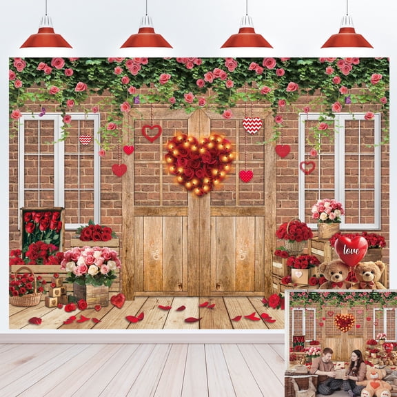7x5FT Love Heart Red Rose Brick Wall Wood Door Background Mother’s Day Valentine's Day Birthday Baby Shower Party Decorations Photo Booth Props