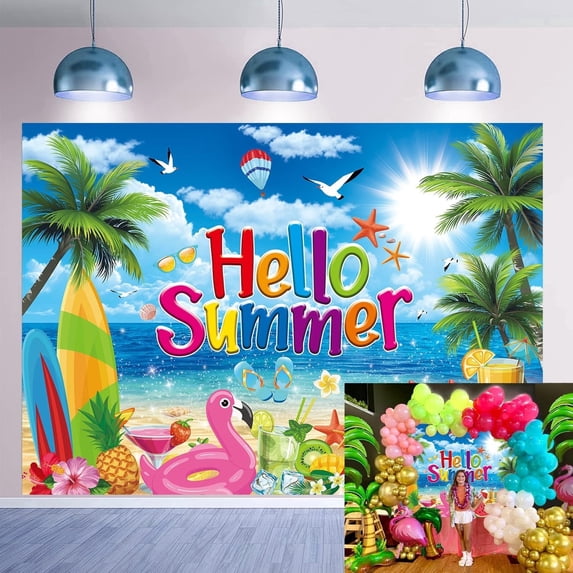 7x5FT Hello Summer Backdrop Summer Beach Party Photography Background Tropical Beach Hawaii Party Decorations Photo Props Vinyl