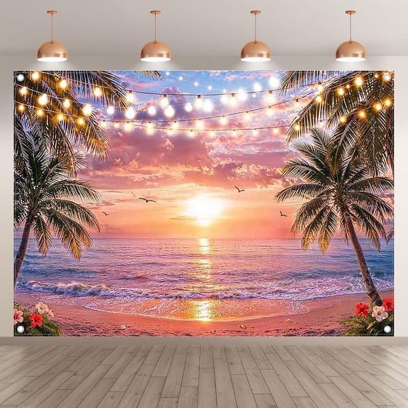 7x5FT Hawaiian Beach Backdrop Pink Summer Sunset Seaside Tropical Coconut Palm Trees Birthday Background Luau Aloha Party Decor Photo Booth Banner