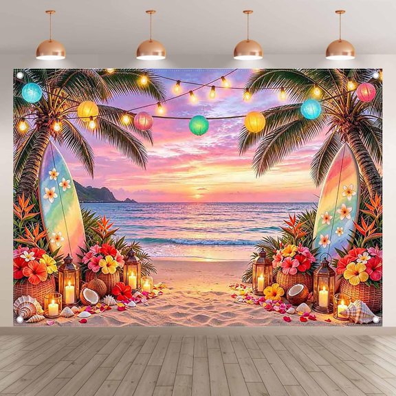 7x5FT Hawaiian Beach Backdrop Summer Sunset Tropical Palm Tree Floral Surfboard Background Luau Aloha Party Decorations Photo Booth Banner