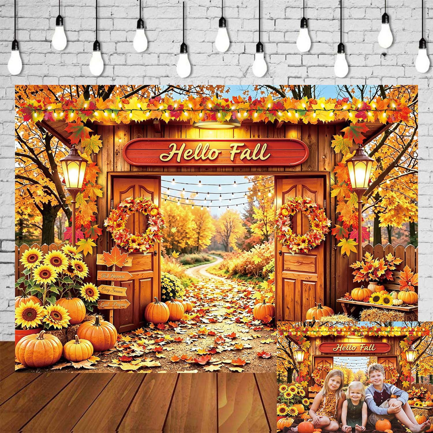 7x5FT Hello Fall Backdrop Autumn Maple Forest Leaves Pumpkin Harvest ...