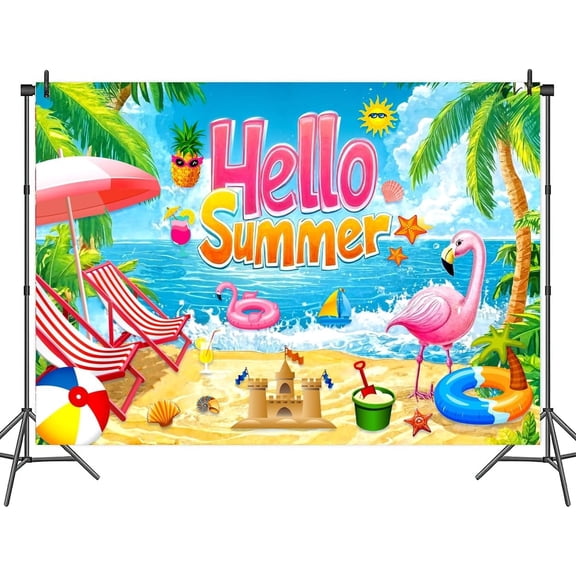 7x5FT Hello Summer Backdrop Banner Decorations, Summer Hawaiian Pool Tropical Beach Party Background for Photography Photo Booth Props
