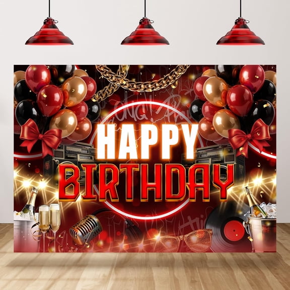 7x5FT Hip Hop Happy Birthday Backdrop 80's 90's Retro Rock Birthday Photography Background Music Balloon Radio Bday Party Decorations Supplies Cake Table Banner Photo Booth Props