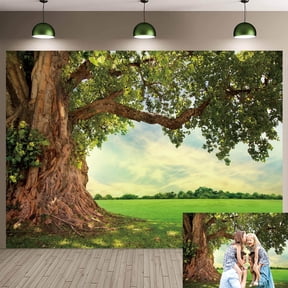 7x5FT Huge Tree Backdrop Rural Scenery Field Summer Spring Countryside Outdoor Picnic Background Nature Backdrop for Vacation Kids Wedding Birthday Party Photo Booth Props Vinyl