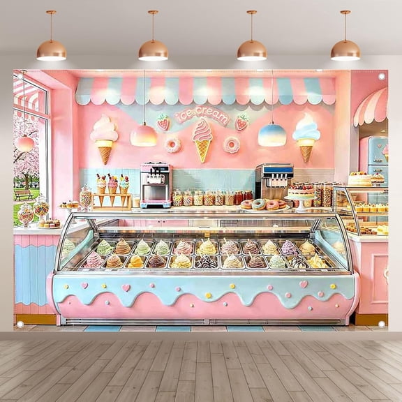 7x5FT Ice Cream Shoppe Backdrop Pink Cute Sweet Donut Cake Dessert Shop Background Girls Princess Birthday Party Decorations Banner Photo Props
