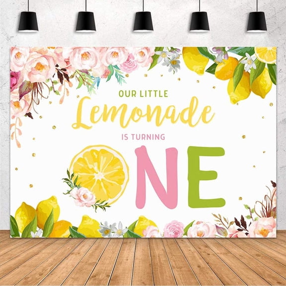 7x5FT Lemon Birthday Backdrop for Girl Our Little Lemonade is Turning One Photography Background Pink Floral 1st Birthday Party Decorations Banner Cake Table Photo Studio Props