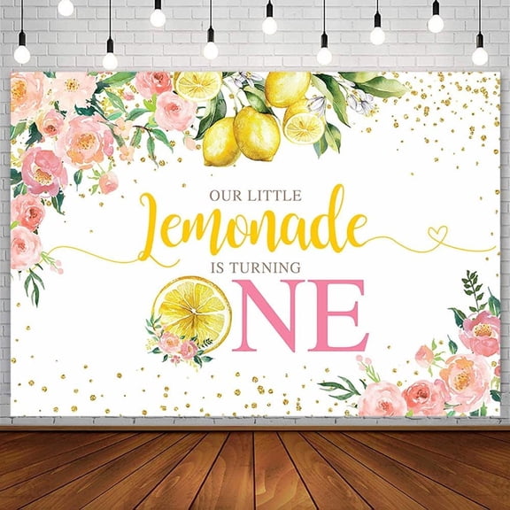 7x5FT Lemon Birthday Backdrop for Girl Our Little Lemonade is Turning One Photography Background Pink Floral Gold Glitter 1st Birthday Party Decorations Banner Supplies Cake Table Photo Studio Props
