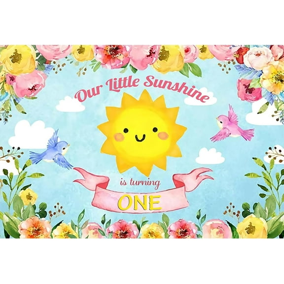 7x5FT Our Little Sunshine is Turning One Party Photography Backdrop Spring Sunshine Flowers Birds Clouds Banner Baby First Happy Birthday Background Photo Booth Studio Props