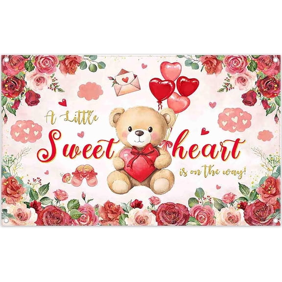 7x5FT A Little Sweet Heart is On The Way Backdrop Newborn Rose Bear Photography Background Baby Shower Girls Birthday Party Decorations Banner Photo Booth Props