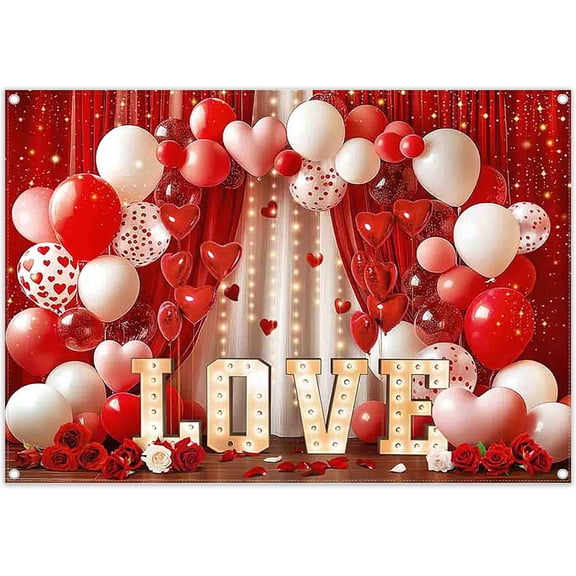 7x5FT Love Day Backdrop Red Heart Balloons Rose Curtain Wall Photography Background Wedding Bridal Shower Party Decorations Banner Photo Booth Props