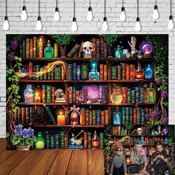 7x5FT Mad Scientist Laboratory Backdrop Halloween Backdrop Witch Bookshelf Magic Poison Skull Photography Background Halloween Wizard Theme Home Library Party Decorations Banner Vinyl