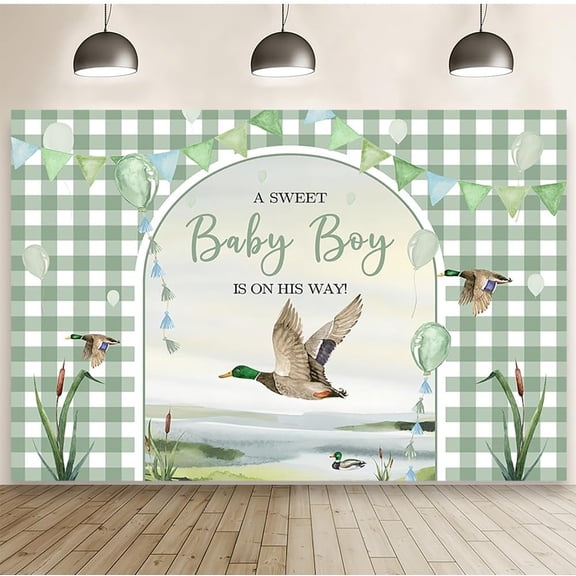 7x5FT Mallard Duck Baby Shower Backdrop A Sweet Baby Boy is on His Way Photography Background Duck It's a Boy Baby Shower Party Party Decorations Banner Supplies Photo Booth Props