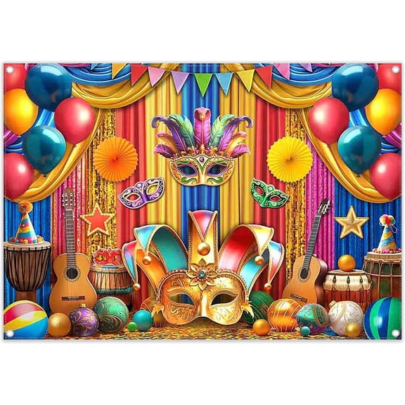 7x5FT Mardi Gras Backdrop Carnival Tuesday Masquerade Gold Glitter Mask Balloons Dance Photography Background Festival Party Decoratins Banner Photo Props