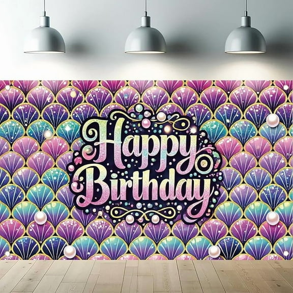 7x5FT Mermaid Theme Beautiful Birthday Party Backdrop Colorful Shell Scales Happy Birthday Banner for Girls Under The Sea Ocean Theme Party Decoration Photography Background Supplies