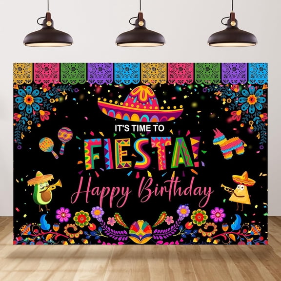 7x5FT Mexican Fiesta Backdrop Happy Birthday Colorful Floral Photography Background Mexico Birthday Party Decorations Cake Table Banner Photo Booth Props