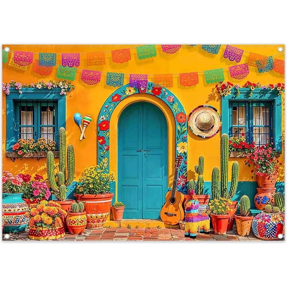 7x5FT Mexican Fiesta Backdrop Yellow Cabin House Background Cactus Flowers Guitar Carnival Festival Outdoor Party Decorations Banner Supplies Photo Booth Props