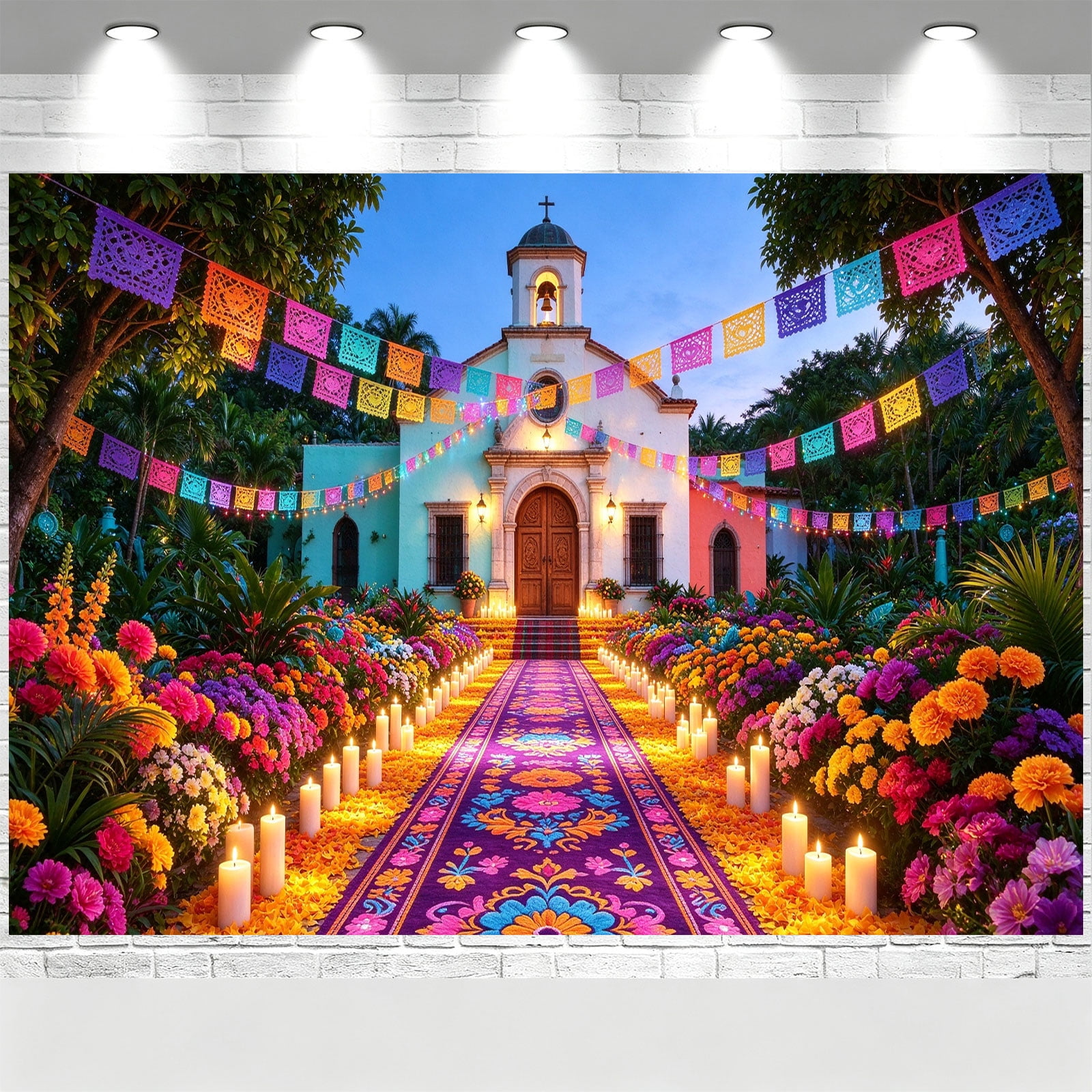 7x5FT Mexican Fiesta Church Backdrop Colorful Marigold Candle Flower ...