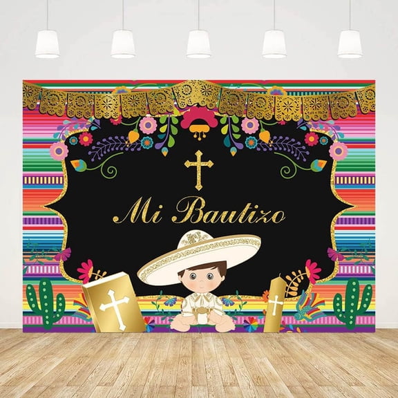 7x5FT Mi Bautizo Backdrop for Boys Mexican Baptism Party Decorations Banner God Bless First Holy Communion Photography Background Mexican Fiesta Cactus Photo Props