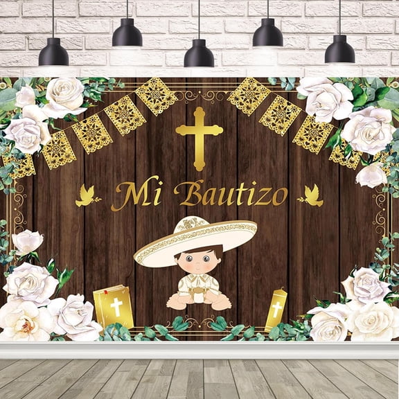7x5FT Mi Bautizo Backdrop for Boys Mexican Baptism Party Decorations God Bless First Holy Communion Photography Background Rustic Wooden Flowers Banner Photo Props
