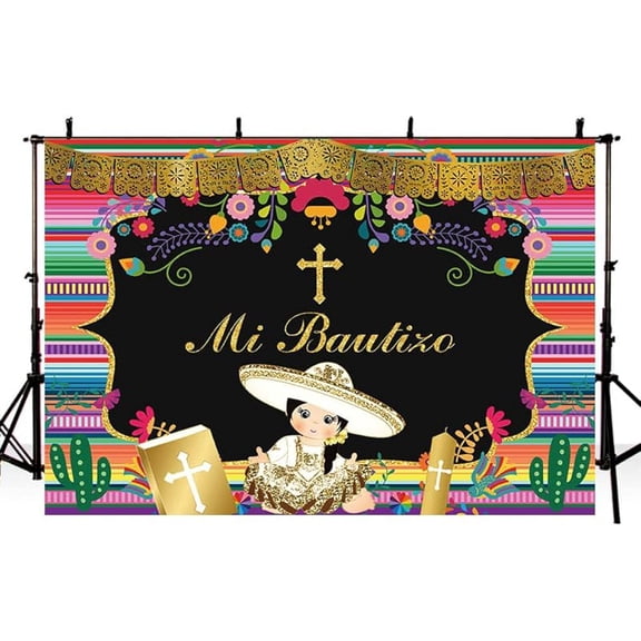 7x5FT Mi Bautizo Backdrop for Girls Mexican Baptism Party Decorations Banner God Bless First Holy Communion Photography Background Mexican Fiesta Cactus Photo Props