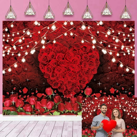 7x5FT Valentine's Day Backdrop Red Flower Backdrop Love Heart Rose Backdrop for Wedding Bridal Shower Birthday Party Decoration Studio Props Banner