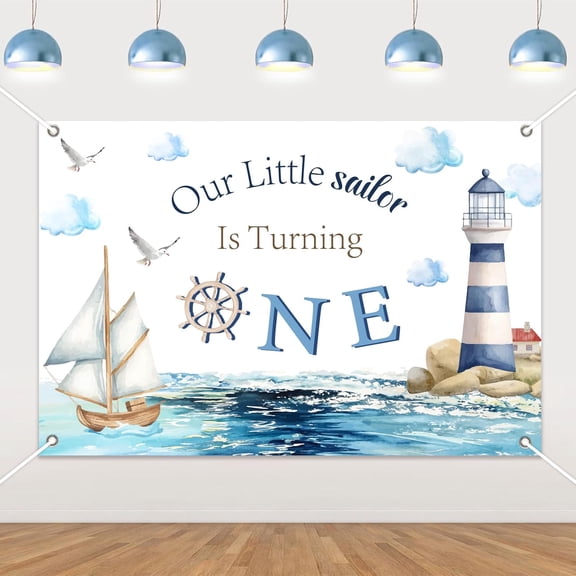 7x5FT Nautical First Birthday Backdrop Blue Our Little Sailor Is Turning One Photography Background Anchor Sailboat Lighthouse Ocean Sailor 1st Birthday Party Decorations Banner Photo Booth Props
