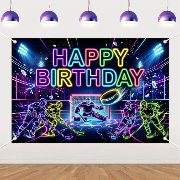 7x5FT Neon Ice Hockey Happy Birthday Backdrop Sport Rink Hockey Birthday Background Neon Ice Hockey Birthday Party Decorations Banner Supplies Photo Booth Props