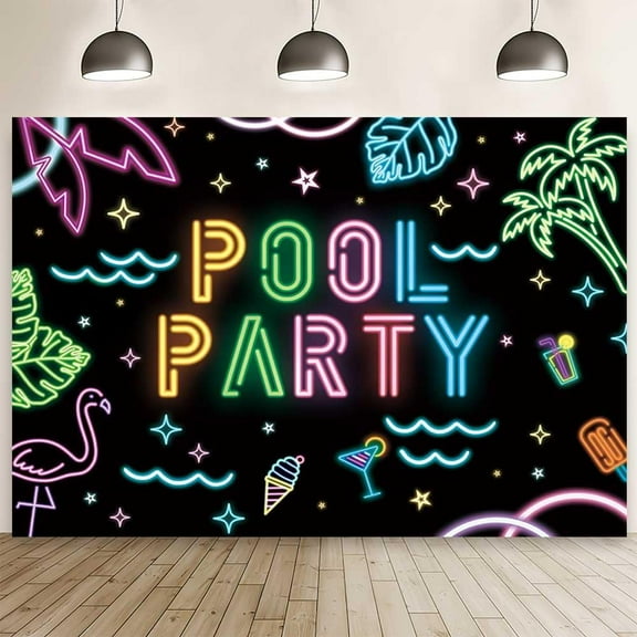 7x5FT Neon Pool Party Backdrop Glow Hello Summer Party Photography Background Tropical Neon Swimming Party Decor Palm Tree Splish Splash Holiday Party Banner Supplies Cake Smash Photo Props