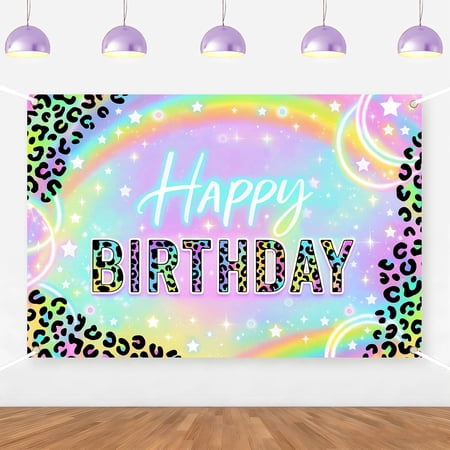 7x5FT Neon Rainbow Leopard Print Happy Birthday Backdrop Purple Neon Cheetah Print Birthday Background for Girls Women Jungle Safari Birthday Party Decorations Banner Supplies Photo Booth Props