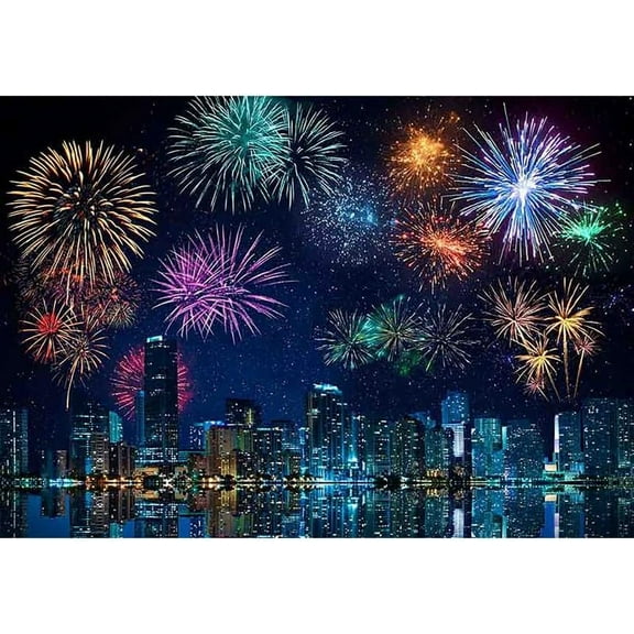 7x5FT New Year Fireworks Backdrop City Night View Skyline Skyscrapers River Photography Background Family Holiday Party Decorations Photo Banner Props