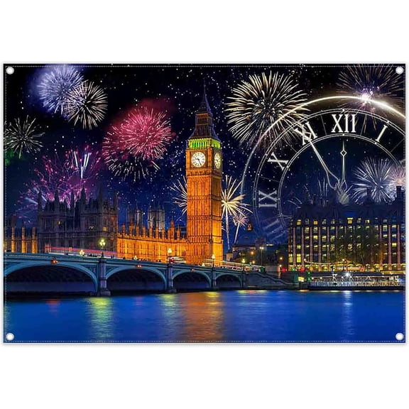 7x5FT New Year Fireworks Backdrop London City Night Scenery Countdown Clock Photography Background Family Holiday Party Decorations Photo Banner Props