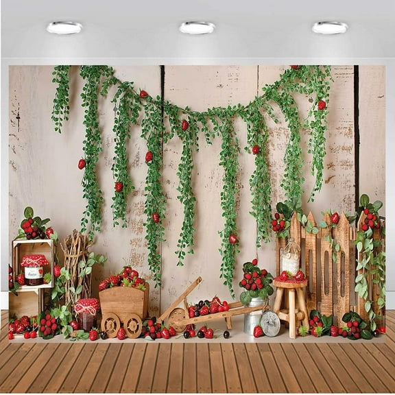 7x5FT Newborn Sweet Strawberry Portrait Backdrop Baby Girl Birthday Cake Smash Background Photo Studio Green Leaves Party Decorations