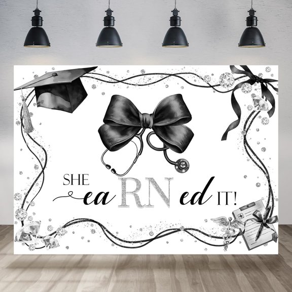 7x5FT Nurse Graduation Backdrop for Girls She Earned It Black Bowknot Silver Glitter Congrats Grad Photography Background Graduates Prom 2026 Party Decorations Supplies Banner Photo Booth Prop