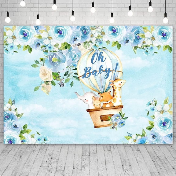 7x5FT Oh Baby Backdrop for Baby Shower Safari Animal Boy Baby Shower Photography Background Blue Floral Hot Air Balloon Party Decoration Banner Photo Studio Props