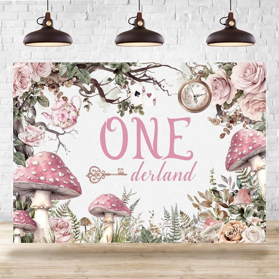 7x5FT Onederland 1st Birthday Backdrop for Girls Wonderland First Birthday Photography Background Floral Tea Party Decorations Cake Table Banner Supplies Photo Booth Props