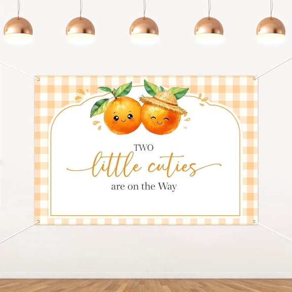 7x5FT Orange Citrus Twin Baby Shower Backdrop Two Little Cuties are on the Way Background Orange Checkered Gingham Twins Baby Shower Party Decorations Banner Photo Booth Props