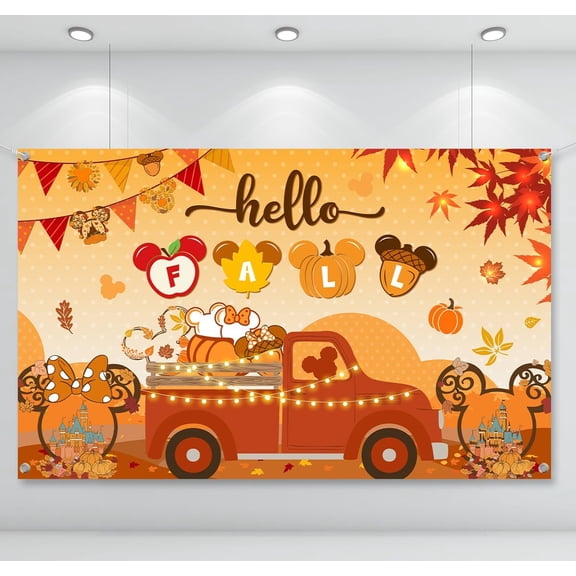 7x5FT Orange Hello Fall Beautiful Backdrop Decoration,Fall Theme Supplies Mouse Pumpkin Photography Background Banner Maple Leaf Photo Props for Thanksgiving Party Decoration