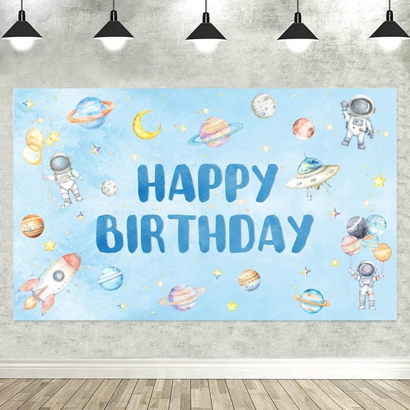 7x5FT Outer Space Happy Birthday Backdrop Astronaut Rocket Planets Solar System Photography Background for Boys Space Galaxy Birthday Party Decorations Banner Supplies Photo Booth Props