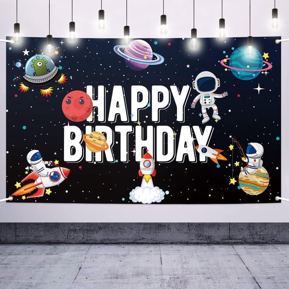 7x5FT Outer Space Theme Happy Birthday Decorations,Astronaut Spaceship Theme Large Birthday Banner Backdrop Sign,Cheers to Kids Solar System Birthday Party Supplies