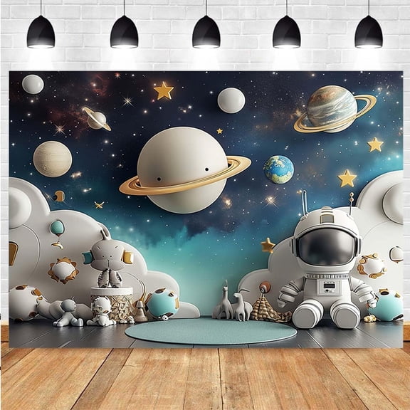 7x5FT Outer Space Universe Astronaut Birthday Backdrop Boy 1st Birthday Balloons Party Photography Background Boy Girl Baby Shower Party Decorations Banner Supplies Photo Booth Props
