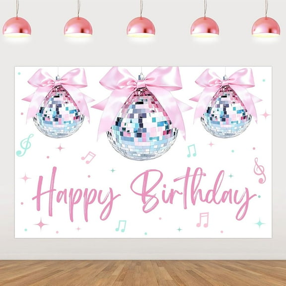 7x5FT Pink Disco Ball Themed Happy Birthday Backdrop Banner Disco Groovy 60s 70s 80s 90s Background Photography for Disco Theme Hippie Birthday Party Supplies