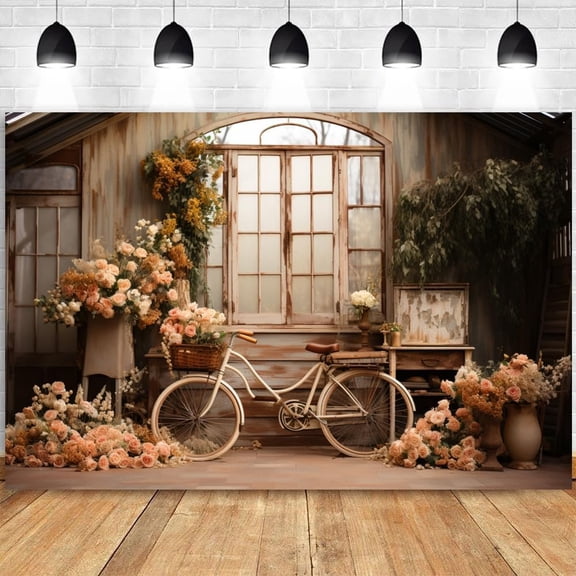 7x5FT Pink Flowers Photo Backdrop Vintage Hay Flowers Bike Window Photography Background Wedding Bridal Shower Party Decorations Banner Supplies Photo Booth Props