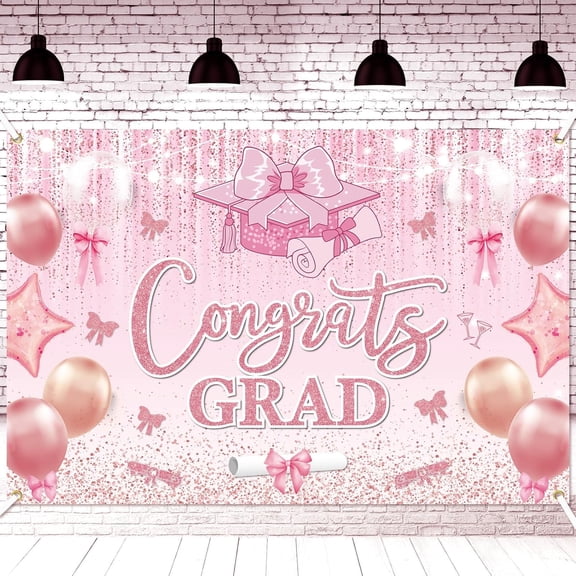7x5FT Pink Glitter Bow Graduation Backdrop Class of 2026 Graduate Congrats Grad Background Coquette Pink Bow Senior 2026 High School Graduation Party Decorations Banner Photo Booth Props
