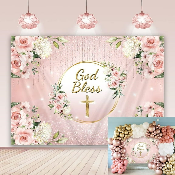 7x5FT Pink God Bless Backdrop Girl Baptism Party First Holy Communion Christening Photo Background Pink Golden Floral Cross Background