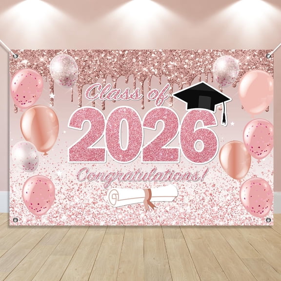 7x5FT Pink Graduation Backdrop Decorations Class of 2026 Rose Gold Congrats Grad Photography Background Pink Congratulations Graduate Party Decorations Banner Supplies Photo Booth Props