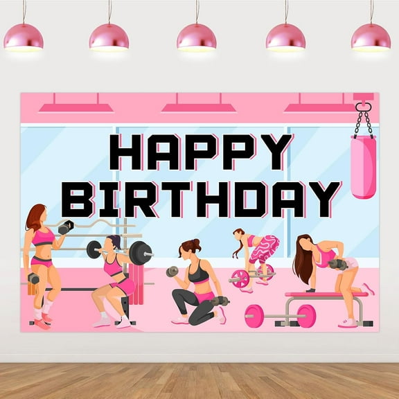 7x5FT Pink Gym Theme Birthday Decorations Girl, Workout Theme Happy Birthday Backdrop Banner Weightlifting Background Photography for Gym Theme Fitness Party Decorations